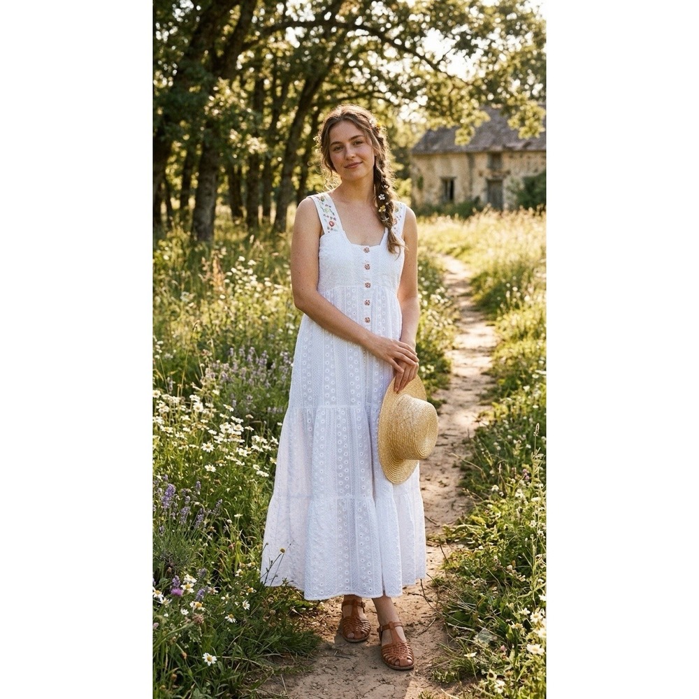 Vtg White Corset Dress 70s Prairie‎ Cottagecore Peasant Embroidered Eyelet Maxi